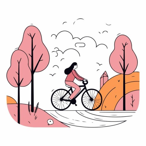 Vector illustration of a girl riding a bicycle in the autumn par