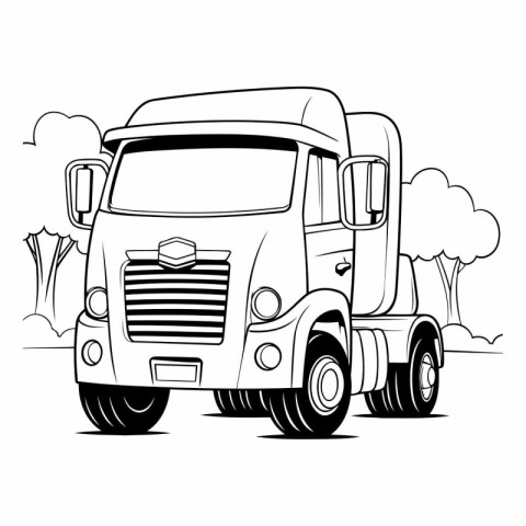 Truck on the road. Black and white vector illustration for color