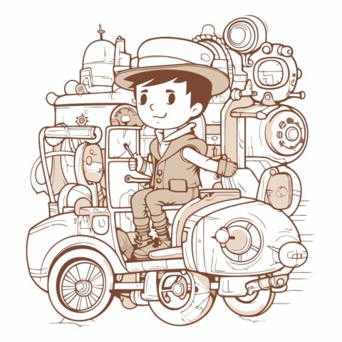 illustration of a boy on a vintage motorcycle. sketch for your d