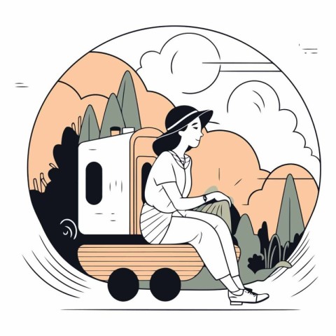 Vector illustration of a girl with a suitcase on the background