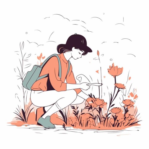 Girl with a backpack and a cigarette in nature.