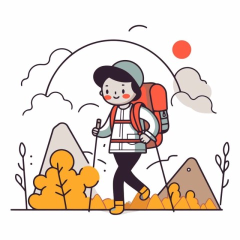 Vector illustration of a woman hiking in the mountains with a ba