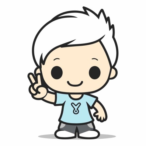 Cute Boy Showing Peace Sign - Cartoon Character Vector Illustrat