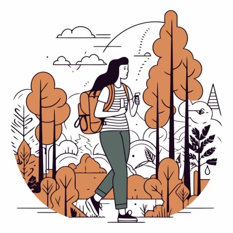 Vector illustration of a girl with a backpack walking in the par