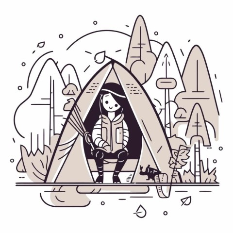 Vector illustration of a girl in a tent in the forest. Linear st