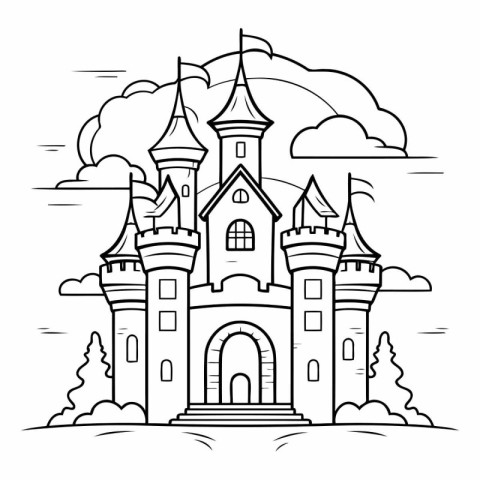 Cute castle in the park for coloring book.