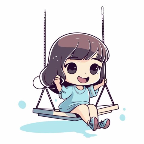 Cute little girl swinging on a swing. Vector cartoon illustratio