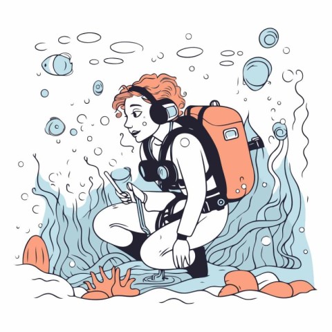 Vector illustration of a girl in a scuba diving suit with a back