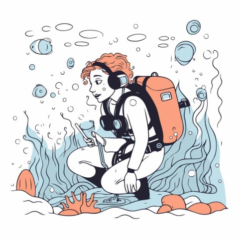 Vector illustration of a girl in a scuba diving suit with a back