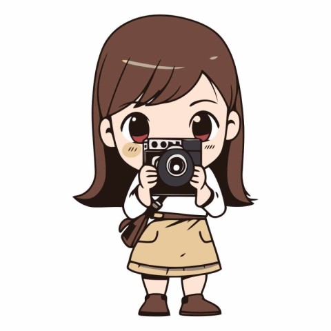 cute girl take a picture with vintage camera.