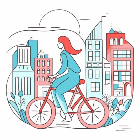 Vector illustration of a young woman riding a bicycle in the cit