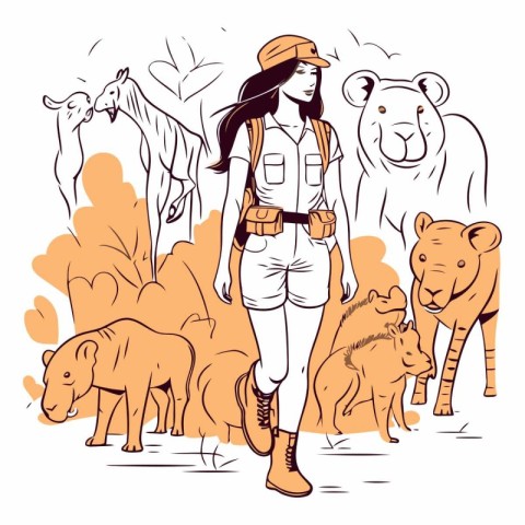 Girl tourist with a backpack and a group of wild animals.