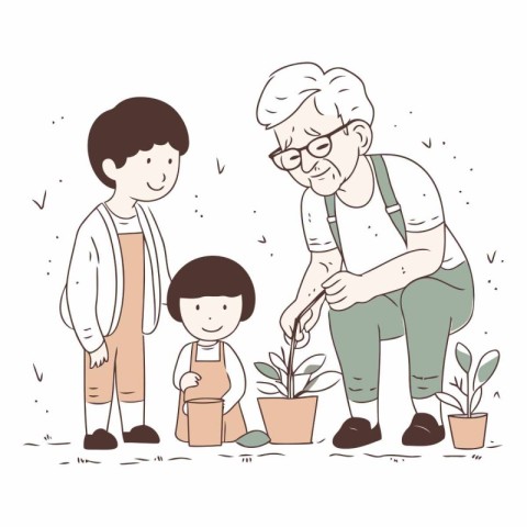 Grandmother. grandfather and grandson planting a tree.