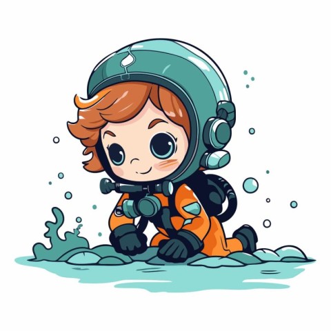 Cute little boy in spacesuit and helmet swimming in the sea