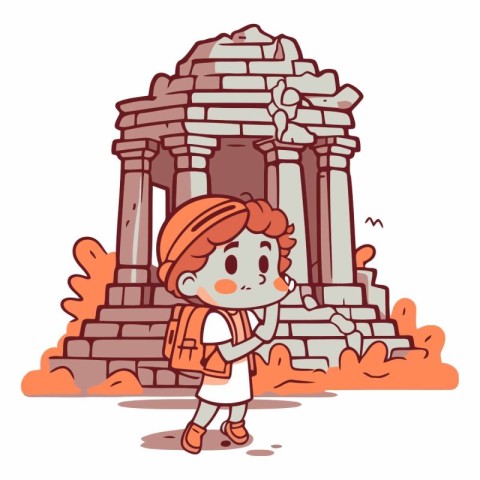 Vector illustration of a boy standing in front of an ancient tem