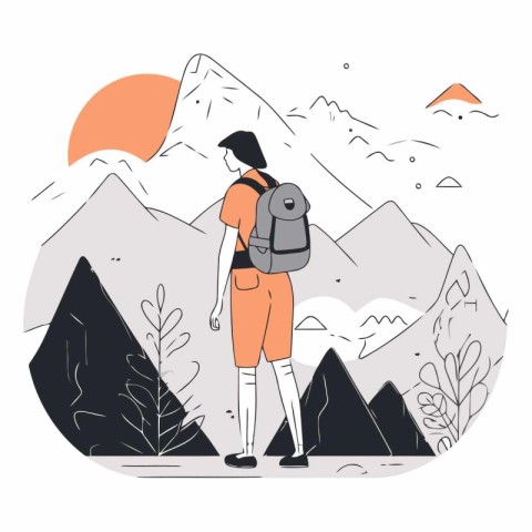 Hiking in mountains in flat style. Traveler with backpack on the