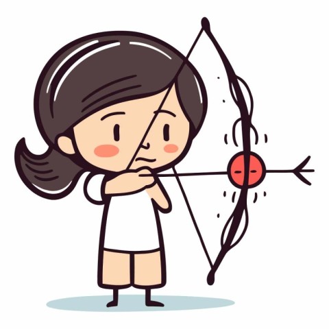 Cute girl aiming with bow and arrow in cartoon style.