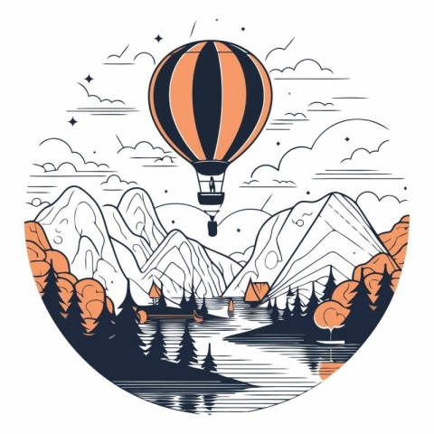 Hot air balloon flying over the mountains and lake.