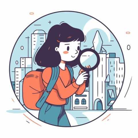 Young woman looking through a magnifying glass in the city.