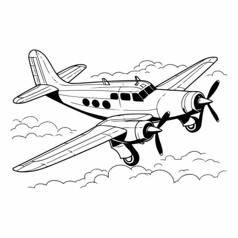 Airplane in the sky. Black and white vector illustration for col