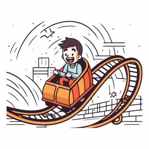 Vector illustration of a boy riding a roller coaster in amusemen