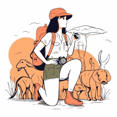 Traveler girl with backpack and dog. Vector hand drawn illustrat