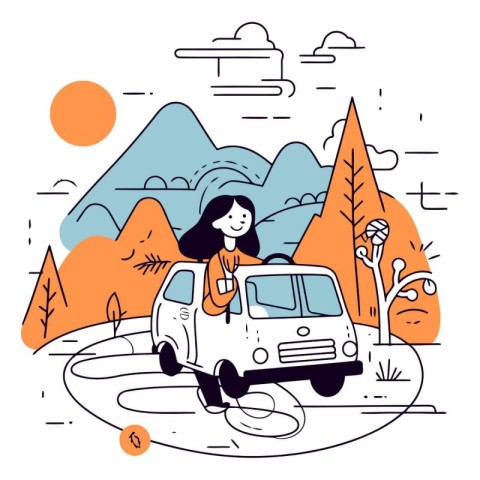 Vector illustration of a girl with a cup of coffee on a road tri