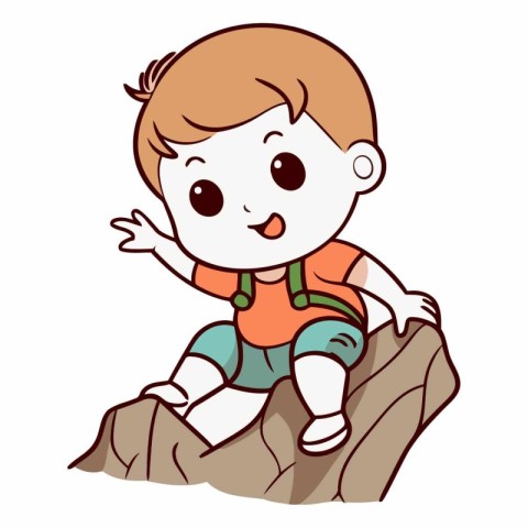 Little boy climbing on a rock isolated on white background.