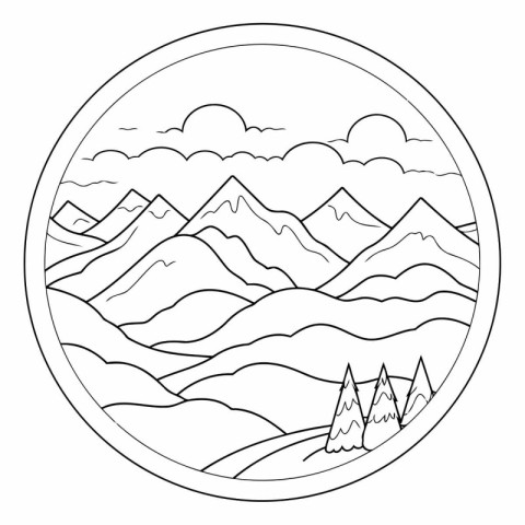 Mountain landscape in circle icon. Outline illustration of mount