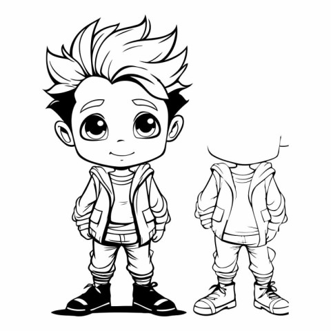 Cute Boy with Backpack - Black and White Cartoon Illustration. V