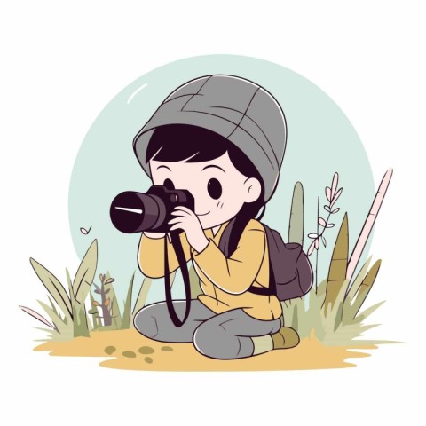 Girl photographer with camera on the grass in cartoon style.