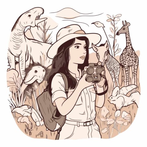 Illustration of a girl with a camera and giraffes.