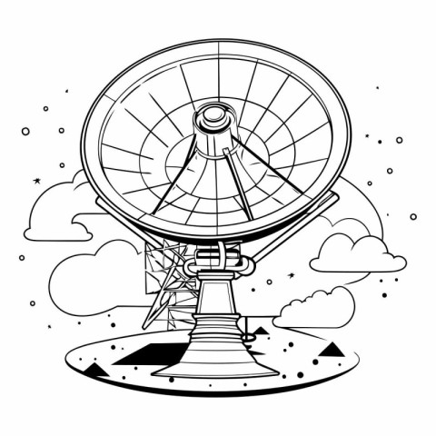 Radar icon of a radio telescope on a background of clouds.