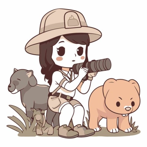 Illustration of a Girl Photographer with a Bear and a Wild Anima