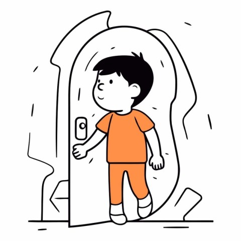 Illustration of a little boy in an orange t-shirt standing in fr