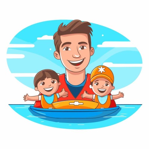 Father with children on inflatable boat in cartoon style