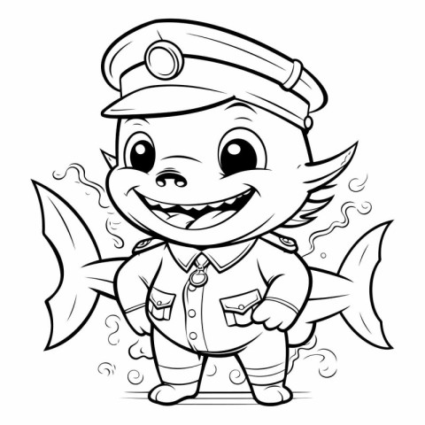 Black and White Cartoon Illustration of Cute Little Fish Captain