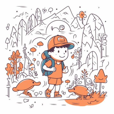 Cute little boy hiking with his dog in the forest