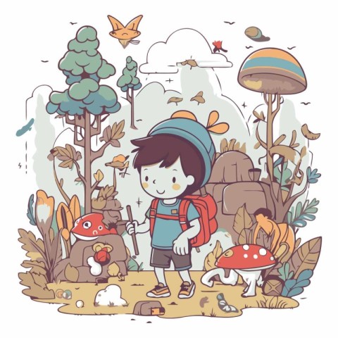 Vector illustration of a little boy with a backpack and mushroom