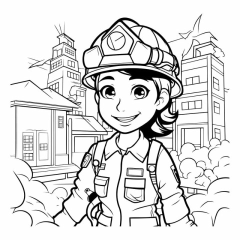 Black and White Cartoon Illustration of Happy Firefighter Girl C