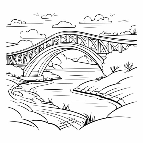 Bridge over the river. Black and white vector illustration for c