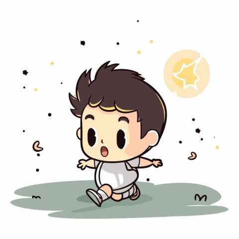 Cute boy running with moon and stars on white background.