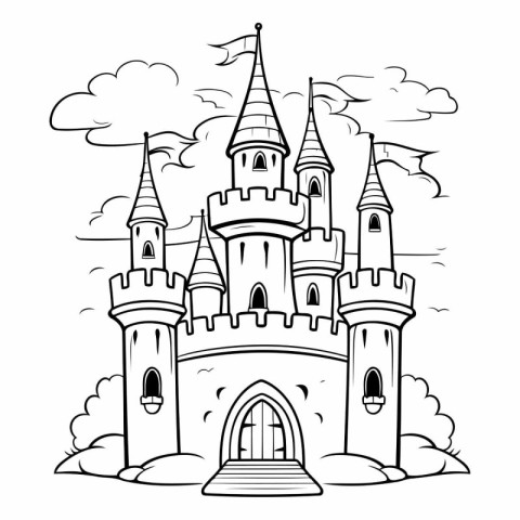 Fairytale castle. Black and white vector illustration for colori