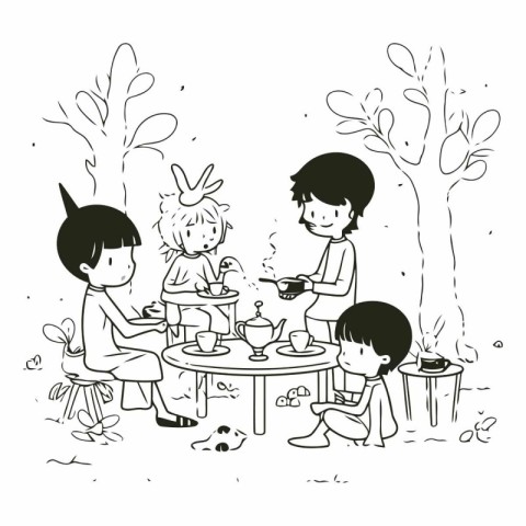 Illustration of Stickman Kids Having a Tea Party in the Park