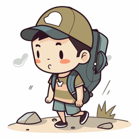 Boy hiker with a backpack and cap. Vector cartoon illustration.