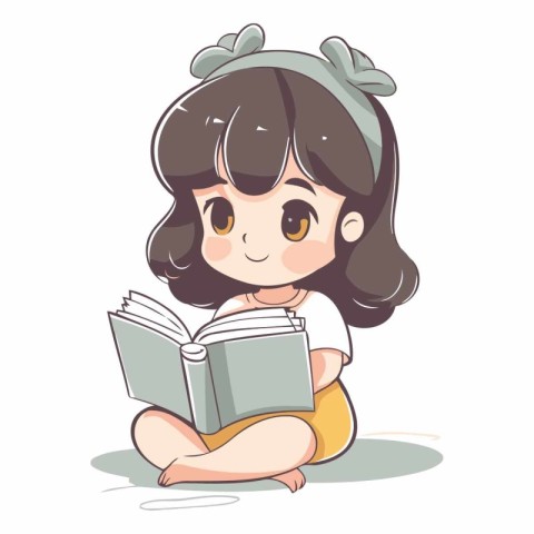 Illustration of a Cute Little Girl Reading a Book - Vector