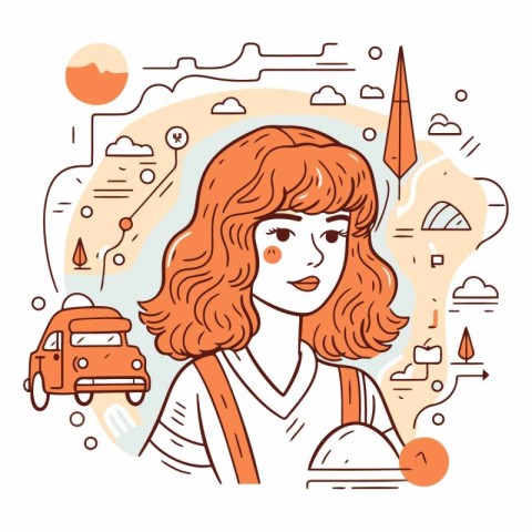 Vector illustration of woman traveling in the city. Line art sty