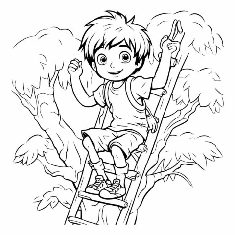 Outline illustration of a boy climbing a ladder in the forest.