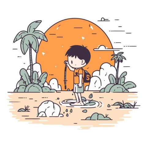 Boy playing in the beach in doodle style.