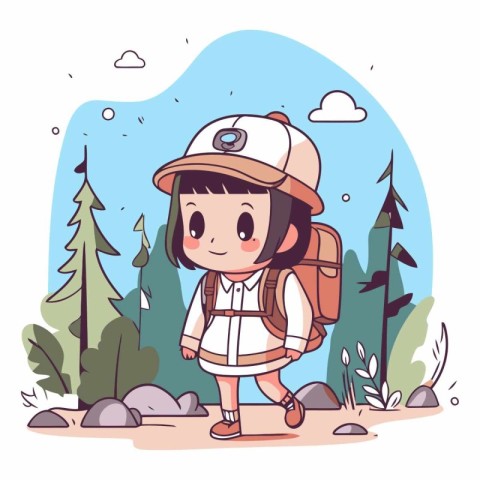 Cute little girl hiking in the forest. Vector cartoon illustrati